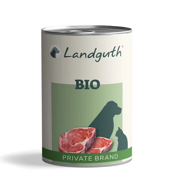Landguth Bio Hundefutter und Katzenfutter Dose mit Fleischabbildung und Tier-Silhouetten.