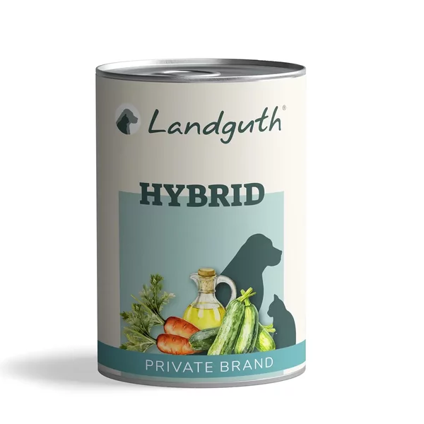 Landguth Hybrid Tierfutterdose mit Gemüse und Öl, Silhouetten von Hund und Katze.