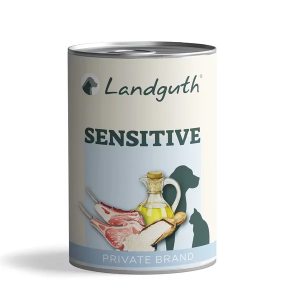 Landguth Sensitive Hundefutter in Dose mit Abbildung von Lammfleisch, Öl und Ingwer.