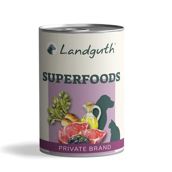 Landguth Superfoods Dose mit Bildern von Gemüse, Fleisch, Öl und Beeren, Tier-Silhouetten, private Marke.