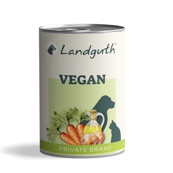 Landguth vegane Hundefutter-Dose mit Karotten, Ölflasche und Ingwer auf dem Etikett.