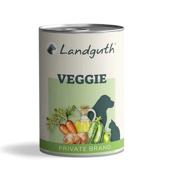 Landguth Veggie Tiernahrung in Dose mit Karotten, Kartoffeln, Gurken und Öl, Private Brand.